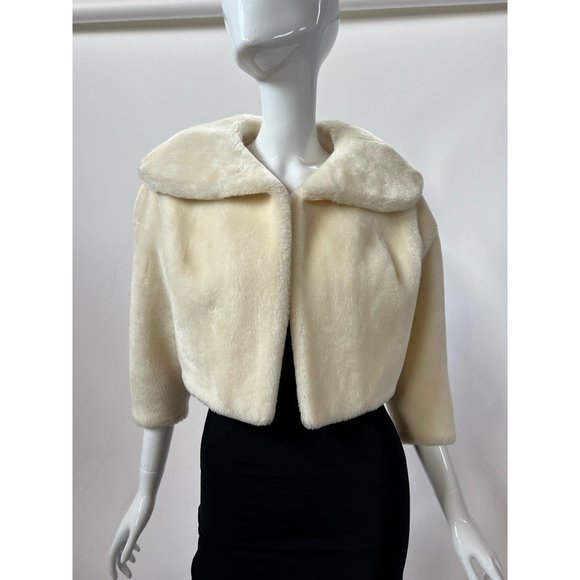 Vintage Neiman Marcus Womens Open Front Jacket Ivory Borgana Faux Fur Collar M - Picture 1 of 12